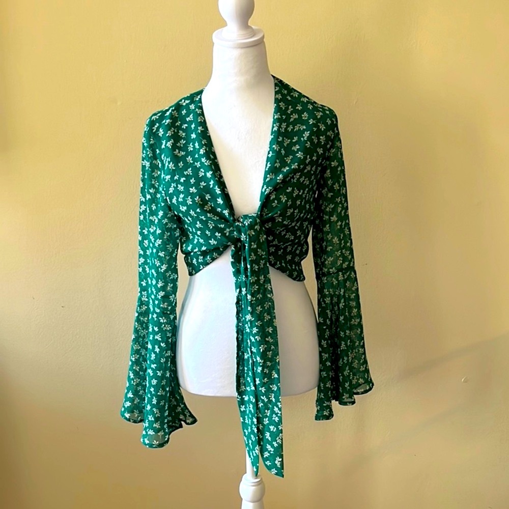 Emerald Green Long Sleeve Tie Front Crop Blouse